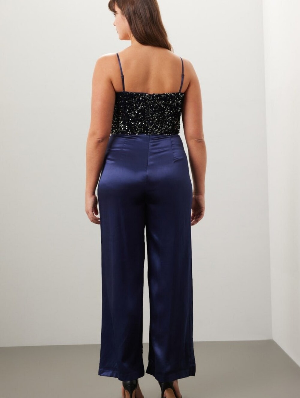 Badgley Mischka Satin Sequin Jumpsuit Midnight Blue Black Formal 8 - Picture 3 of 10